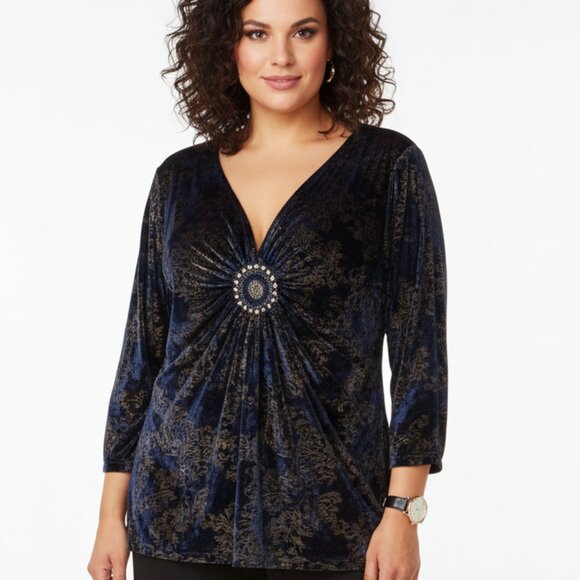 Y2K Dressbarn Royal Blue/Black Whimsigoth Fairy Velvet Burnout Tunic Top Sz 2X - Picture 1 of 7